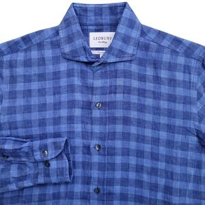 Ledbury Dress Shirt Men 15 34 Blue Gingham Tailored Fit Cotton Linen Long Sleeve